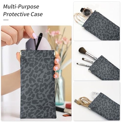 Glasses Case Soft, Eyeglass Cases for Women Portable Squeeze Top PU Leather 2 Pack Glasses Pouch with Cleaning Cloth - color: 2pcs Black Leopard+brown Leopard