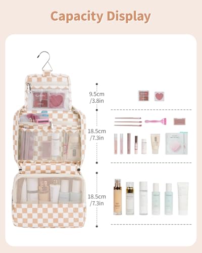 Narwey Small Hanging Travel Toiletry Bag for Women, Travel Bag for Toiletries, Makeup Bag Organizer Cosmetic Bags Make Up Bags for Girls - color: ZA-Brown Checkerboard