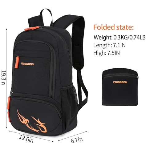 FENGDONG 35L Lightweight Foldable Waterproof Packable Travel Small Hiking Backpack Daypack for men women - color: Black Orange