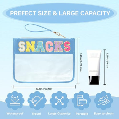 Chenille Letter Clear Zipper Pouch for Travel Preppy Patch Makeup Bag-Nylon Cosmetic Preppy Makeup Waterproof Organizer Bag Set for Women Valentines Bag (BL-snacks) - color: BL-snacks