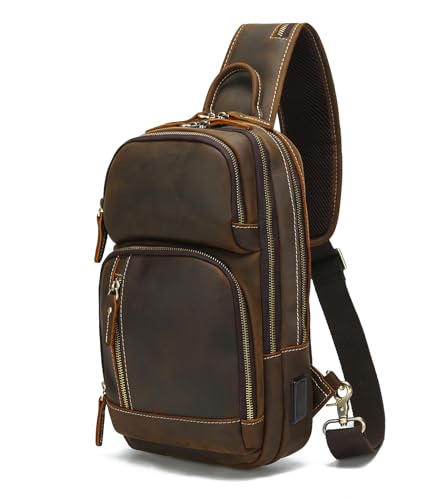 LANNSYNE Full Grain Leather Sling Bag For Men Crossbody Chest Daypack fits 10.5" iPad - color: Brown for 10.5" Ipad