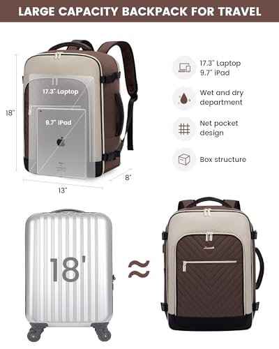 LOVEVOOK Large Travel Backpack for Women, TSA Carry on Backpack for Airplanes, 40L Personal Item Travel Bag for Women fits 17" Laptop,Waterproof Carry on Bag Airplane Approved with 3 Packing Cubes - color: Dark Coffee - Abricot - Black, size: 40L-4Pcs