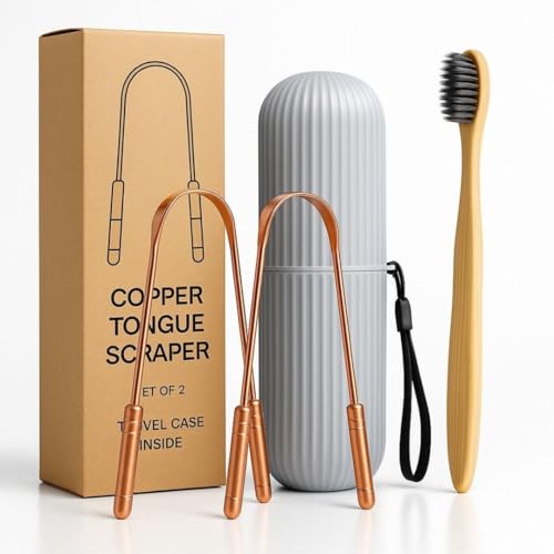 Tongue Scraper Set(2 Pack)–Pure Copper Cleaner Kit with Bamboo Toothbrush with Charcoal Bristles &Travel Case–Daily Oral Hygiene Tool for Men&Women,Reduce Bad Breath,Tongue Scrubber - color: Copper