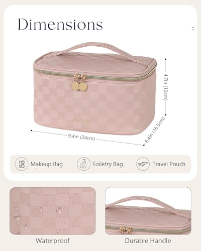 Prite Makeup Bag, Large Capacity Cosmetic Bag for Women and Girls, Waterproof PU Leather Travel Case with Handle, Divider for Skincare and Brushes - Checkered Pink - color: Checkered Pink