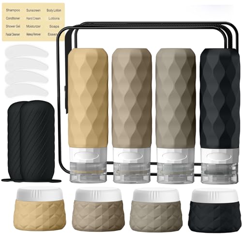 16Pack Travel Bottles for Toiletries, TSA Approved Travel Size Toiletries Containers Set, Silicone Leak Proof Refillable Bottles Elastic Sleeves Creams Jars Accessories Kit W/Clear Bag (Apricot Black) - color: Apricot Black