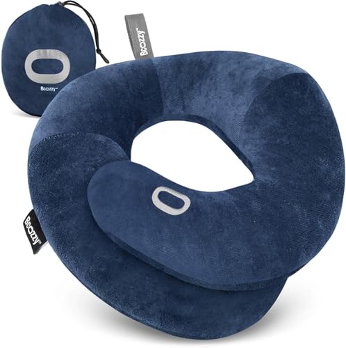 BCOZZY Organic Cotton Double Support Neck Pillow for Travel - 3 Ergonomic Positions for Head, Neck, and Chin Comfort - Ideal for Sleeping Upright on Flights, Cars, and at Home – Large, Navy - color: Organic Cotton Navy, size: Large