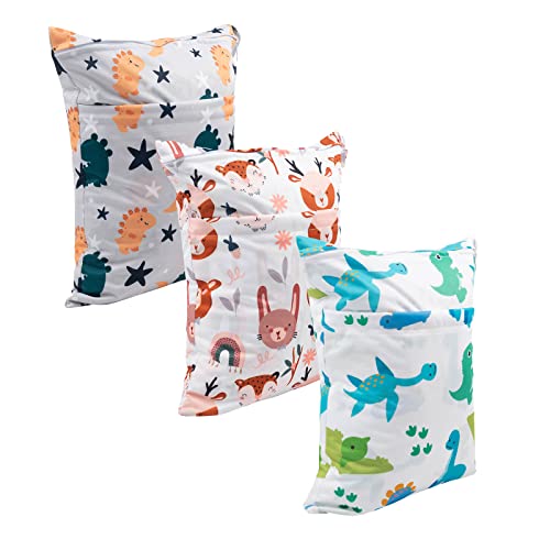 babygoal Wet Dry Bags for Baby Cloth Diapers, Washable Travel Bags, Beach, Pool, Gym Bag for Swimsuits & Wet Clothes with Two Zippered Pockets 3 Pack, 3LN23 - color: Animal world