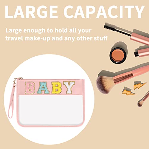 Iqimott Chenille Letter Clear Bag Baby Pouch, Monogram PVC & PU Makeup Cosmetic Bag Zipper Toiletry Pouch, Portable Travel Beach Snack Wristlet Bags for Women Girls(Baby, Pink) - color: Baby-Pink