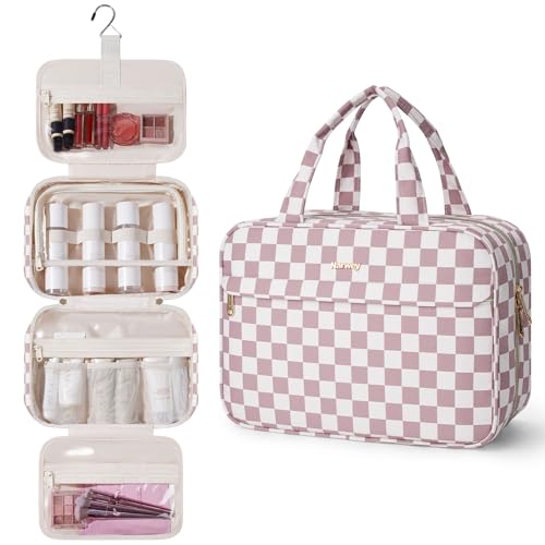 Narwey Hanging Travel Toiletry Bag for Women Checkered Makeup Bag Organizer Cosmetic Make up Toiletries Bag for Travel Essentials Accessories (Dusty Pink Checkerboard, Large) - color: Dusty Pink Checkerboard, size: Large