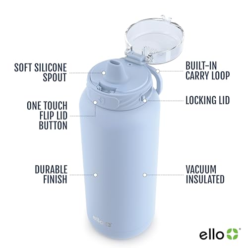 Ello Cooper 18oz Kids Stainless Steel Water Bottle with Straw and Carry Handle, Double Walled and Vacuum Insulated Metal, Leak Proof Locking Lid with Soft Silicone Spout, BPA Free, Halogen Blue - color: Halogen Blue, size: 18 Ounces