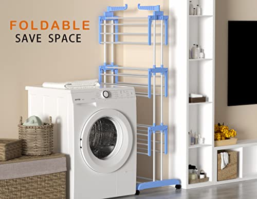 HOMIDEC Clothes Drying Rack, Large 4-Tier Foldable Drying Rack Clothing (67.7H x 19.7W x 30L Inches), Movable with 4 Castors. Multifunctional Stainless Steel Laundry Drying Rack, Blue - color: Blue