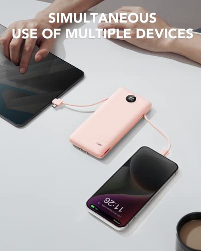 VRURC Portable Charger Built-in Cables and AC Wall Plug,USB C Power Bank 10000mAh, Travel Essentials Phone Charger Compact Lightweight External Battery Pack for Smart Phones, Tablets etc-Pink - color: Pink