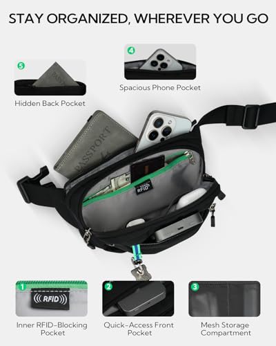 WATERFLY Small RFID Fanny Pack: 1.5L Slim Mini Anti-Theft Crossbody Waist Bag with Extender Strap, Water-Resistant Waist Pack for Men Women Travel Hiking Running-Black - color: Black