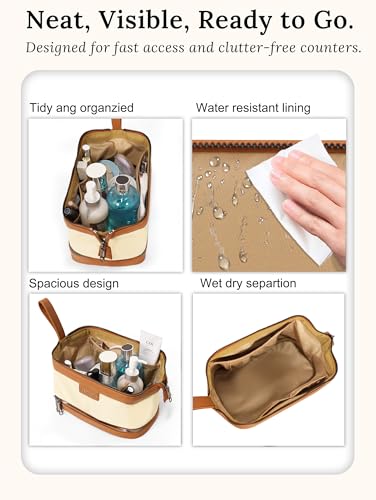 Double-Layer Toiletry Bag, Water-Resistant Hybrid Leather Cosmetic Organizer with Wet/Dry Compartments, 26x15x16cm (Cream, Double layer) - color: Cream