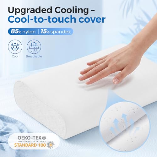 Elviros Cooling Memory Foam Pillow with Breathable Cover, Adjustable Height Bed Pillow for Neck Support, Ergonomic Cervica Neck Pillow for Side Stomach and Back Sleeper, Queen Size, 23.6"×14"×5.3" - color: White