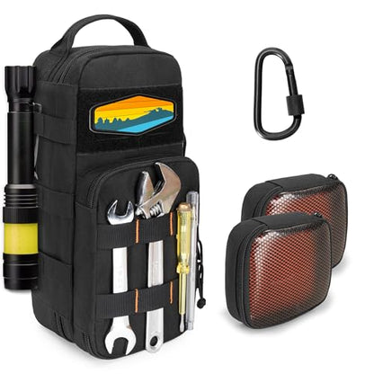 Rexmica Heavy Duty Small Tool Bag Storage with 2 Zipper Pouches, Multi-functional Tactical Molle Tool Organizer Case with Locking Carabiner for Camping, Road Trip, Electricians, EDC, Multimeter Case