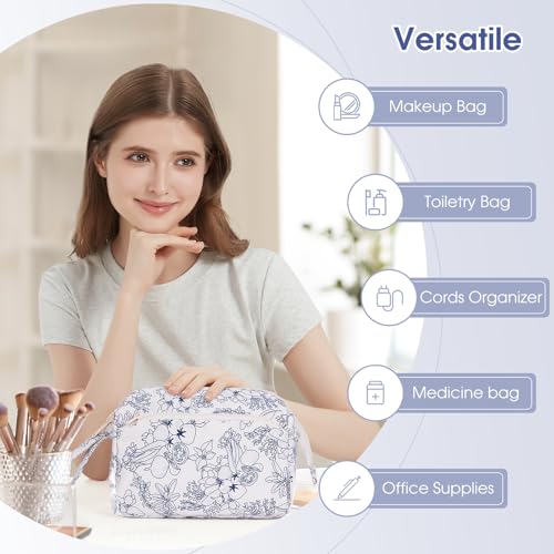 Narwey Women Makeup Bag Wide-open Make up Bag Travel Cosmetic Organizer Toiletry Bag for Cosmetics Toiletries Accessories (Navy Blue Flower) - color: Navy Blue Flower