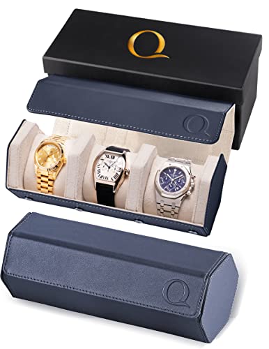 QWATCHBANDS Napa Leather Watch Rolls for Men - Hexagon Triple Watch Roll Travel Case for 3 Watches - Storage Organizer Genuine Leather with Velvet Interior Display (Blue/Cream) - color: 3 - Blue / Cream
