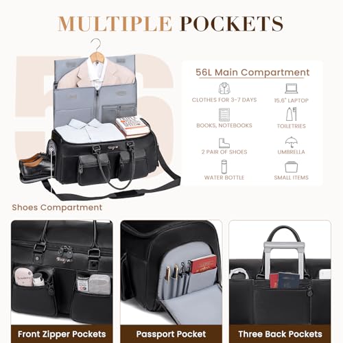Leather Duffle Bags for Men, Vessgra 2 in 1 Suit Bag Travel 56L Duffel Bags for Traveling PU Leather Garment Bag with Shoe Compartment,Travel Carry on Bag, Weekender Bussiness Wedding,Black - color: Black