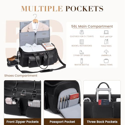 Leather Duffle Bags for Men, Vessgra 2 in 1 Suit Bag Travel 56L Duffel Bags for Traveling PU Leather Garment Bag with Shoe Compartment,Travel Carry on Bag, Weekender Bussiness Wedding,Black - color: Black