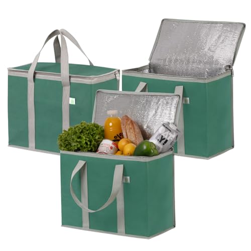 VENO 3 Pack Cooler Bag Insulated Reusable Grocery Shopping Bag, Food Delivery, Heavy Duty, Large Size, Durable Handles, Double Zippers, Lid, Collapsible (Green, 3 Pack) - color: Dark Green, size: 3 Pack