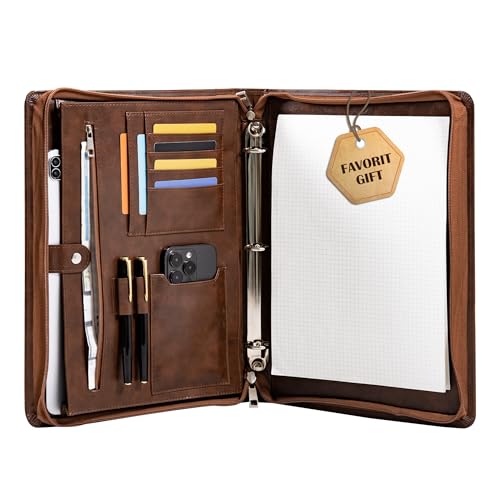Professional 3-Ring Portfolio Organizer A4 Padfolio with Zipper, Premium PU Leather Business Planner Folder for Resume, Interview, Office, and Travel – Dark Brown - color: Brown
