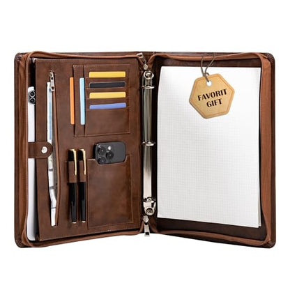 Professional 3-Ring Portfolio Organizer A4 Padfolio with Zipper, Premium PU Leather Business Planner Folder for Resume, Interview, Office, and Travel – Dark Brown - color: Brown
