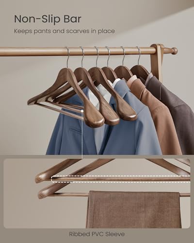 SONGMICS Extra Wide Wooden Suit Hangers, Set of 10 Clothes Hangers, Swivel Hooks, Non-Slip Bars, for Outfits, Suits, Coats, Shirts, Dresses, Walnut Color UCRW050KZ01 - color: Walnut Color