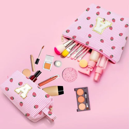 Personalized Initial Makeup Bag,Strawberry Print Preppy Cosmetic Toiletry Travel Bag,Trendy Letter Makeup Pouch for Teen Girls and Women,Holiday & Birthday Gift,2 Pack (J, Pink Strawberry) - style: J