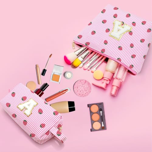 Personalized Initial Makeup Bag,Strawberry Print Preppy Cosmetic Toiletry Travel Bag,Trendy Letter Makeup Pouch for Teen Girls and Women,Holiday & Birthday Gift,2 Pack (D, Pink Strawberry) - style: D