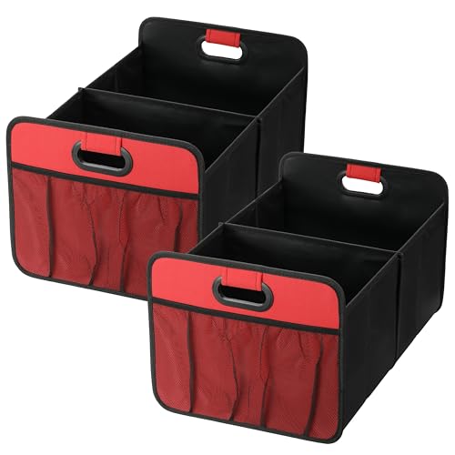 Simple Deluxe Car Trunk Organizer, 2 Compartments Collapsible Trunk Storage, Anti-slip Design, Made of Waterproof 600D Oxford Polyester, Suitable for SUV, Minivan, Standard Size, Red, 2 Pack - color: Red 2 Pack, size: 2 Pack, style: 2 Compart