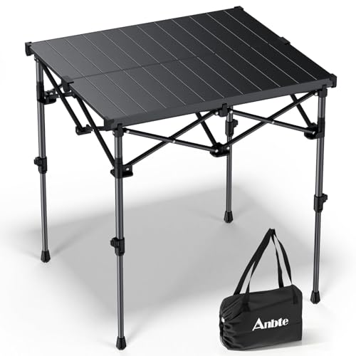 Anbte Camping Table Foldable, 2 Height Max 27.5" Aluminum Roll up Camping Table with Carry Bag & Heat-Resistant Tabletop, Lightweight, for Indoor Outdoor RV BBQ Picnic Patio Beach, 26" x 23", Black - color: Black, size: 26.3"L x 22.8"W x 27.5"H (2 heights