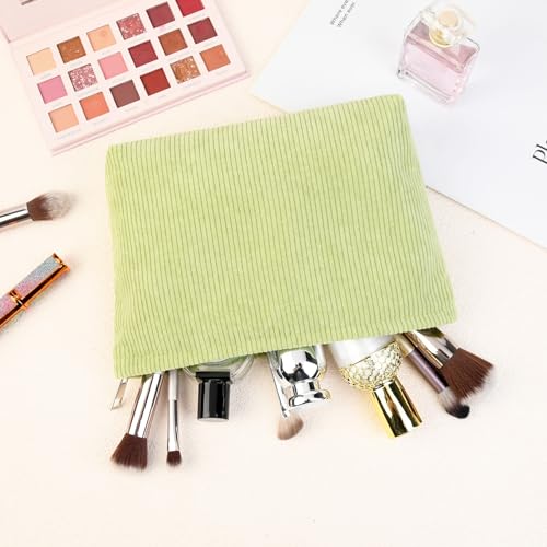 SOIDRAM 2 Pcs Corduroy Makeup Bag Large Cosmetic Bag Toiletry Bag Makeup Pouch Travel Bag Organizer Cute Makeup Brushes Aesthetic Accessories Storage Bag for Women Light Green - color: Corduroy Light Green