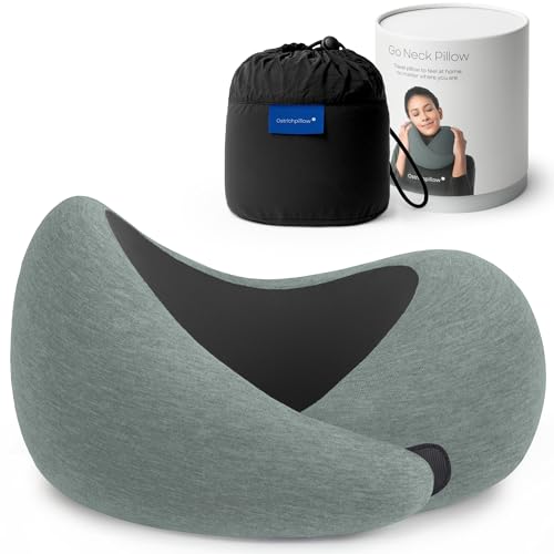 Ostrichpillow Go Neck Pillow, Travel Pillows for Airplanes, Premium Memory Foam Travel Pillow, 360º Ergonomic Design, Asymmetrical Sides, Travel Bag Included, Washable Modal Cover - color: Green Moss