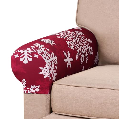 PrinceDeco Thick Velvet Stretch Armrest Covers for Chairs and Sofas Armchair Covers for Arms Couch Arm Cover Armrest Cover for Sofa Non Slip (2 Pack: Snowflakes) - color: Red