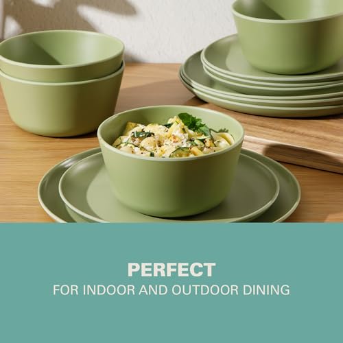 Gibson Home Fairhope 12-Piece Matte Green Melamine Dinnerware Set – Durable Lightweight Plates and Bowls, Kitchen Dining Set - color: Matte Green (Fairhope), size: Service for Four (12pcs)