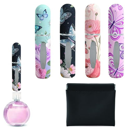 Perfume Travel Refillable Bottle– Portable Mini Sprayer,Empty Perfume Bottles with Unique Patterns,Refill Pump Case for Traveling and Outgoing,4 Pcs of 5 ml and Outgoing (Butterfly Flower Series)