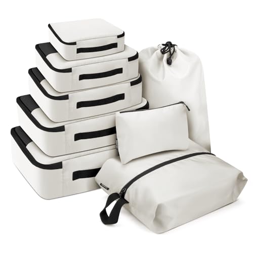 SDGFUI 8 PCS Compression Packing Cubes for Travel Women, Compression Bags Organizer for Luggage Space Saving Travel Essentials and Carry on, Luggage Organizer Bags for Suitcase - Beige - color: Beige, size: 8 Set