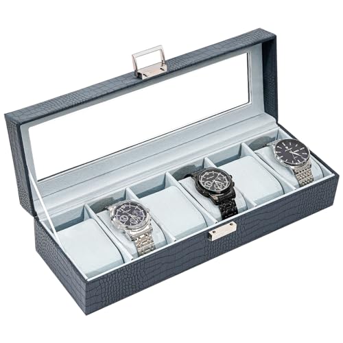 ProCase Watch Box, 6 Slot Mens Watch Case, Watch Storage Holder Organizer, Watch Display Case with Glass Lid, Anniversary Birthday Valentine Gifts for Men Women -6 Slot, CrocCobaltBlue - color: CrocCobaltBlue, size: 6-Slot