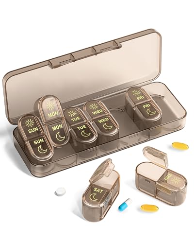 Pillex Weekly Pill Organizer 2 Times a Day, 7-Day AM PM Pill Box, Travel Pill Case, Medicine Pill Organizer for Fish Oils, Vitamins & Supplements - color: Brown
