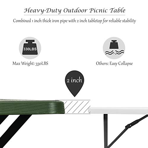 Giantex Picnic Table Bench Set Outdoor Camping All Weather Metal Base Yard Pool Dining Party Garden Patio Lawn Deck Large Camping Table (Green) - color: Green