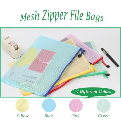 4 Pack Mesh Zipper Pouch, A4 Letter Document File Mesh Bags with Zipper, Waterproof Zipper Bags for Travel Storage, School Office Appliances and Home
