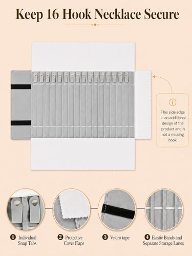 Portable Jewelry Roll Untangled Secure Necklace Travel Storage Bag Displays Holder 16 Chain (Black and Gray) - color: Black and Gray