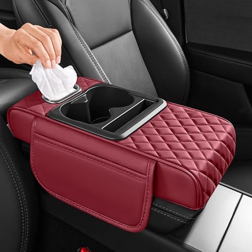 5 in 1 Car Center Console Cover, Armrest Pad with 2 Storage Pockets, Cup Holder, Tissue Slot, Phone Holder, Nappa Leather Memory Foam Car Accessories for SUV Sedan Truck (Burgundy) - color: Burgundy