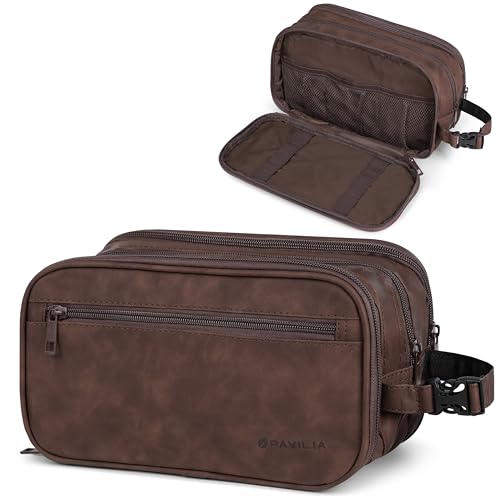 PAVILIA Toiletry Bag for Men, Travel Pouch Essentials Shaving Dopp Kit, Travel Bag Toiletries Organizer Case, Cosmetic Make Up Accessory, Water Resistant - color: Brown, size: Extra Large (12x6x7)