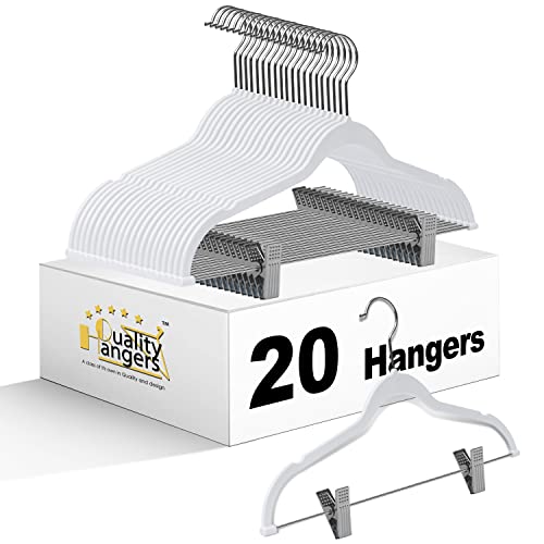 Quality Plastic Non Velvet Non-Flocked Thin Compact Coat Hangers with Metal Clips for Skirts Pants Blouses 360° Swivel Hook (White, 20) - color: White