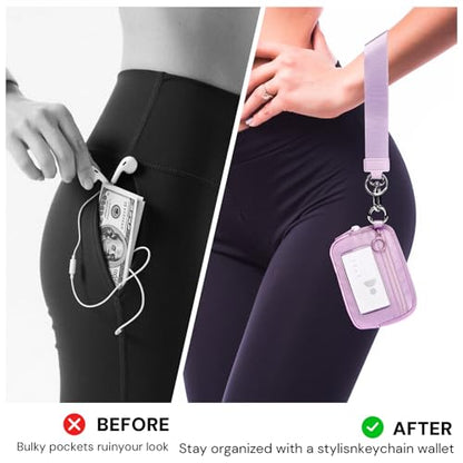 Keychain Wallet for Women Mini Zip Card Holder with ID Window Coin Purse Detachable Wristlet Small Wallets Light Purple - color: Light Purple