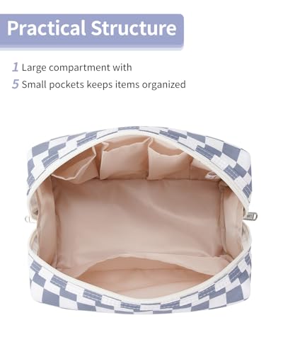 Narwey Checkered Makeup Bag Travel Cosmetic Bag Organizer Toiletry Bag Make Up Bags with Compartments for Women Girls (Large, Grayish Blue Checkerboard) - color: YB-Grayish Blue Checkerboard, style: Large