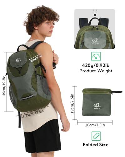 WATERFLY Lightweight Packable Hiking Backpack: 30L Foldable Travel Daypack Ultralight Camping Day Pack for Woman Man - color: Army Green