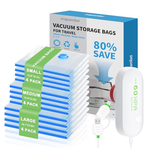 12 Pack Vacuum Seal Bags for Clothing Travel with -60000Pa USB Pump, Save 80% of Space for Clothes (12 Combo) - size: 12 Combo